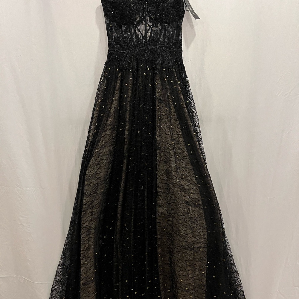 Betsy & Adam Strapless Black Lace Gown